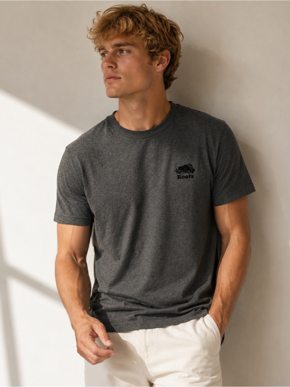 Roots Men's Classic Charcoal Heather Gray Cotton Blend T-Shirt